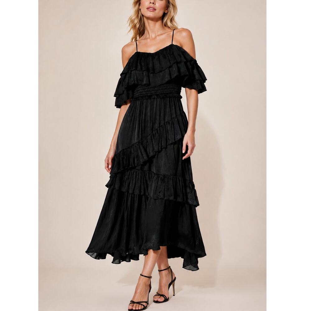 ULLA JOHNSON Silk Louisa Gown‎ Dress 6 Maxi Midi Black Ruffles Smocked Dressy
